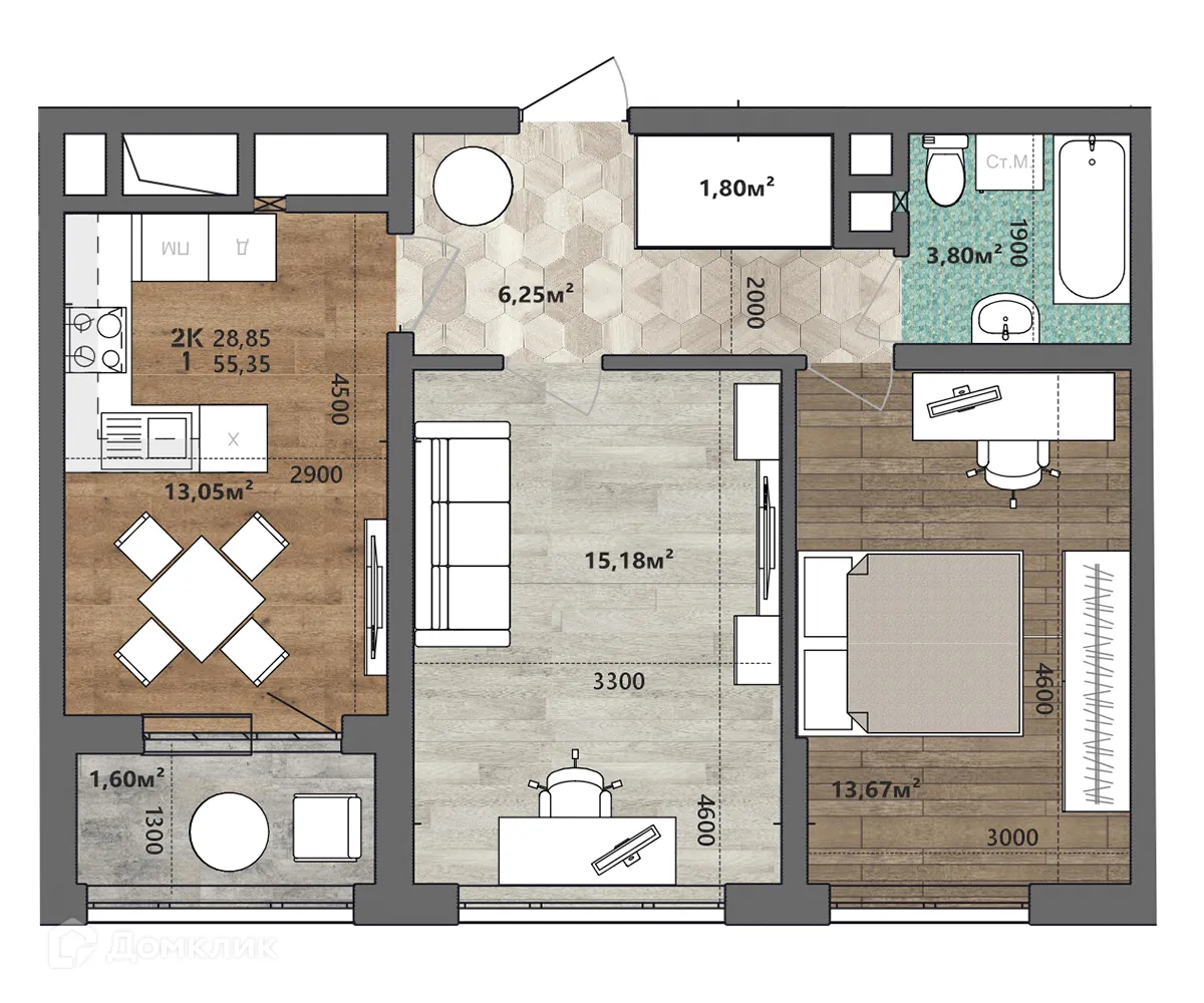 Планировка 2-комнатной квартиры 55.35 м² в ЖК Счастье II, г. Рязань — фото 1