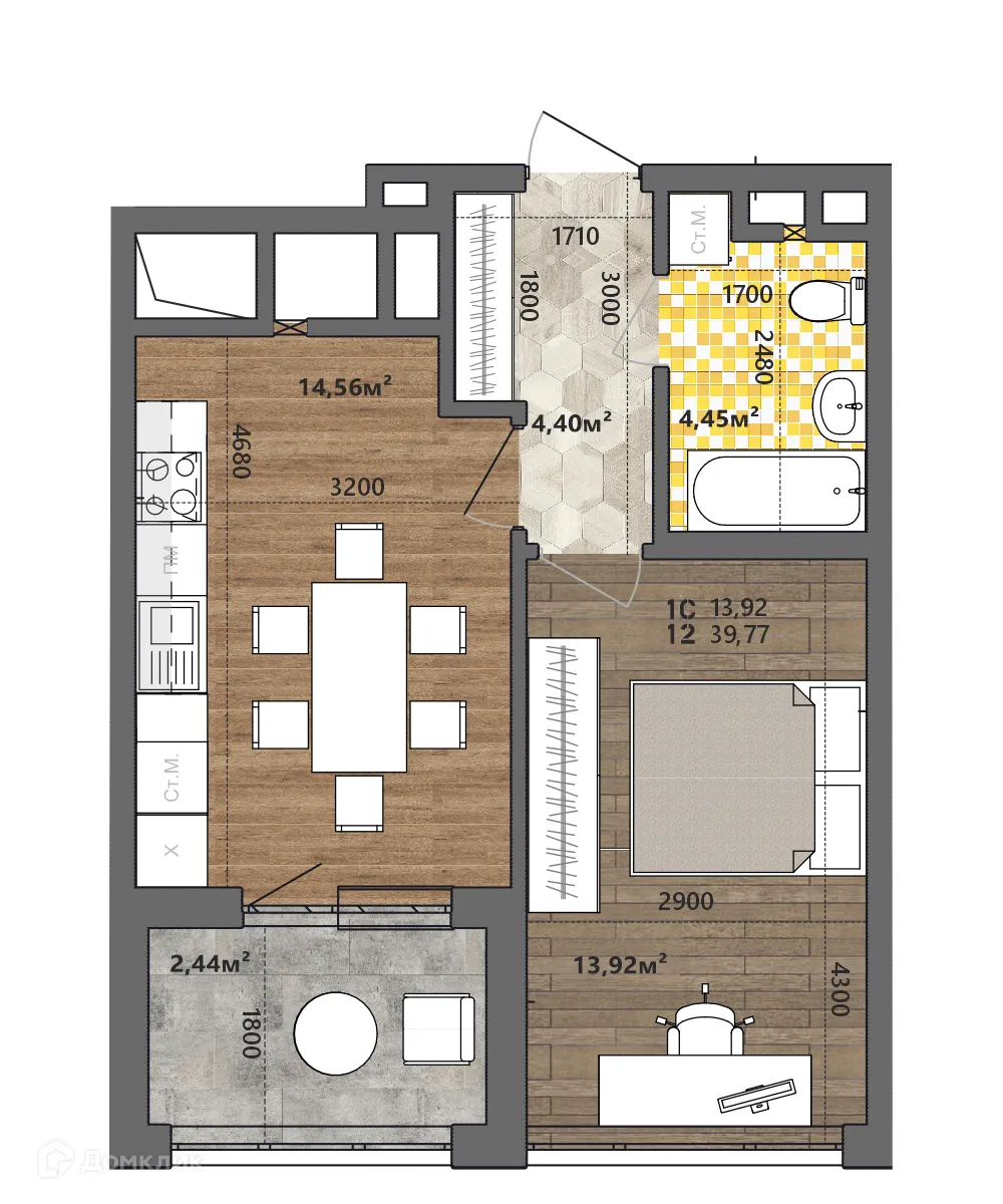 Планировка 1-комнатной квартиры 39.77 м² в ЖК Счастье II, г. Рязань — фото 1