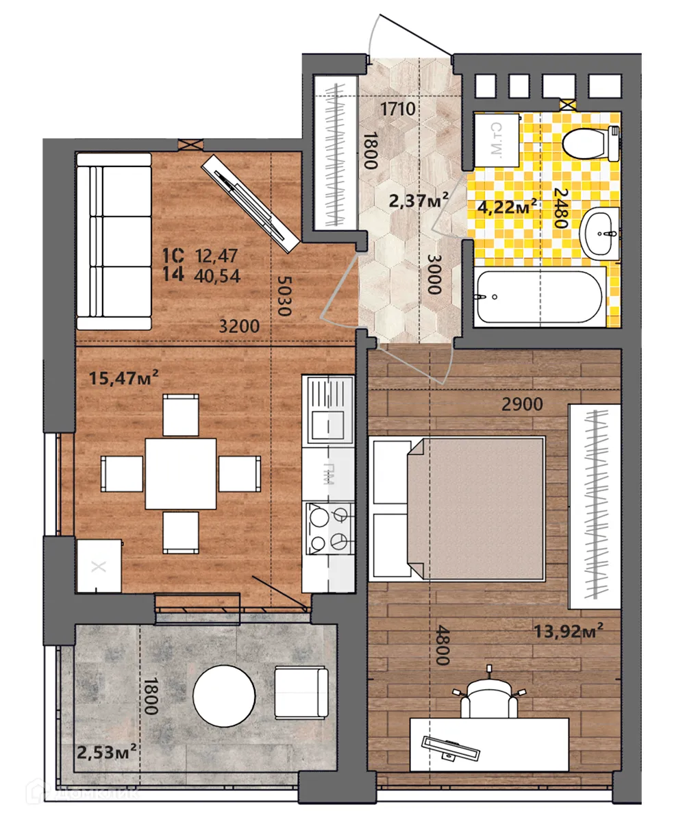 Планировка 1-комнатной квартиры 40.54 м² в ЖК Счастье II, г. Рязань — фото 1