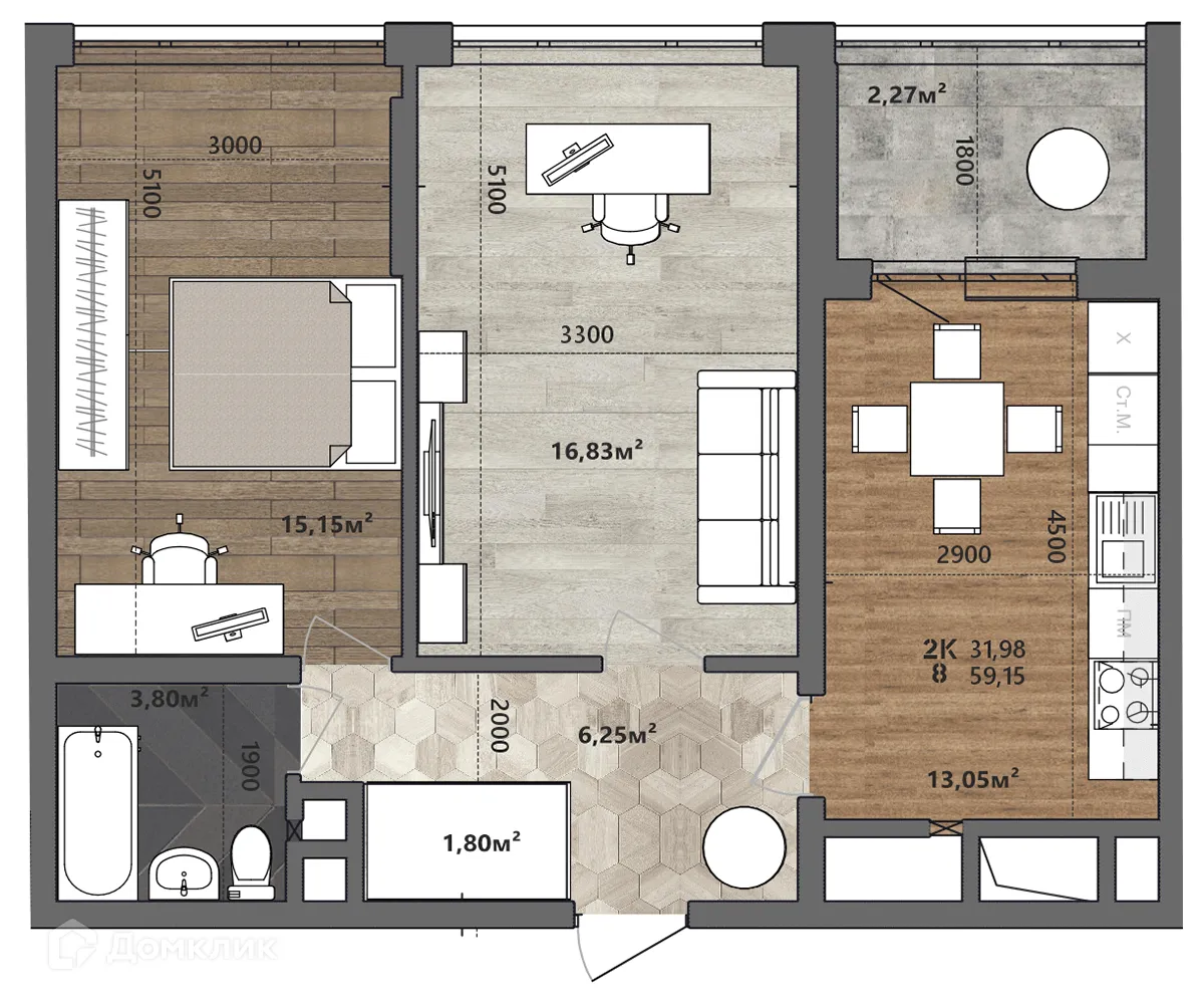 Планировка 2-комнатной квартиры 59.15 м² в ЖК Счастье II, г. Рязань — фото 1