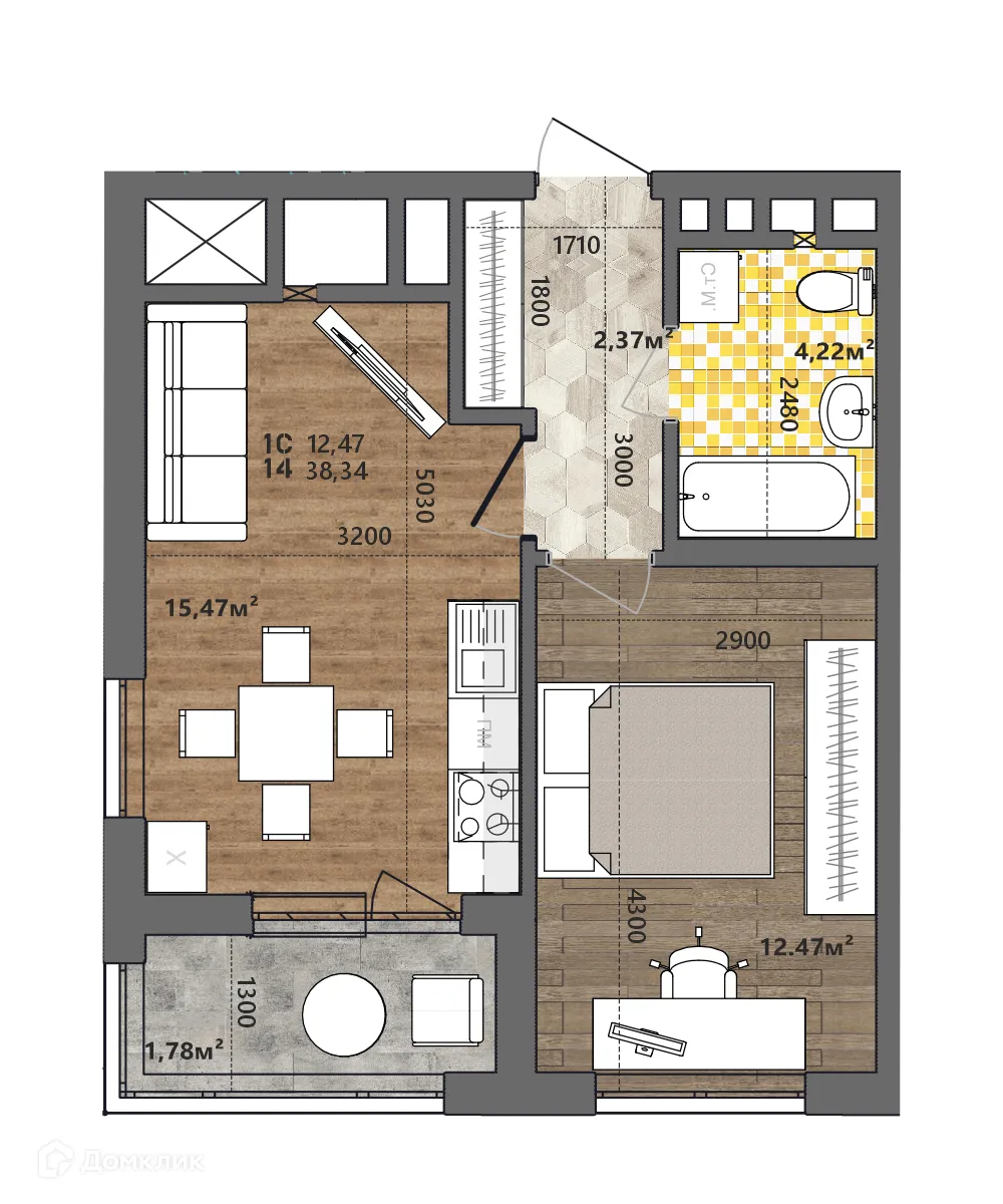 Планировка 1-комнатной квартиры 38.34 м² в ЖК Счастье II, г. Рязань — фото 1