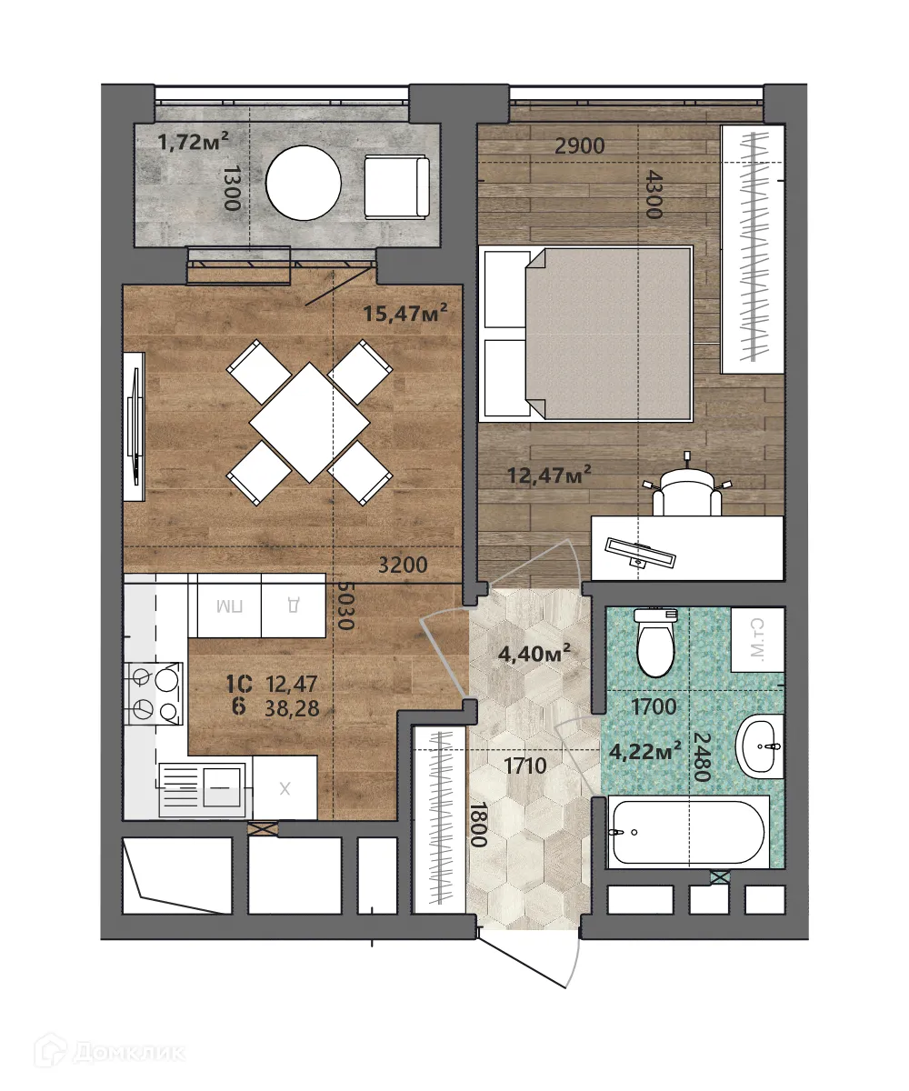 Планировка 1-комнатной квартиры 38.28 м² в ЖК Счастье II, г. Рязань — фото 1