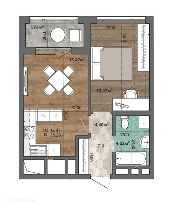 Планировка 1 комн. в ЖК Счастье II