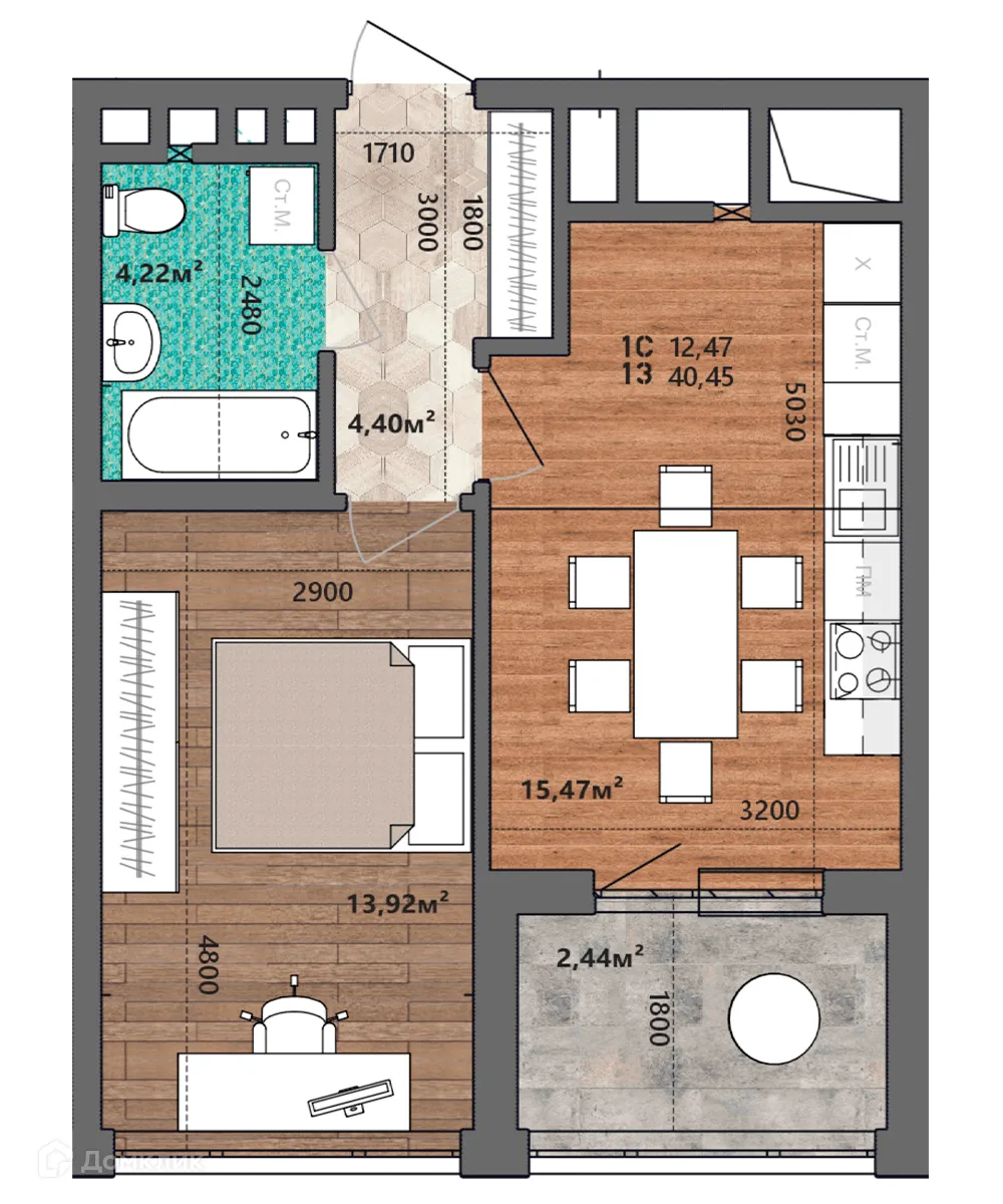 Планировка 1-комнатной квартиры 40.45 м² в ЖК Счастье II, г. Рязань — фото 1