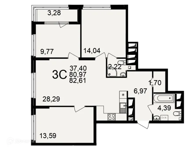 Планировка 3 комн. в ЖК Большая история