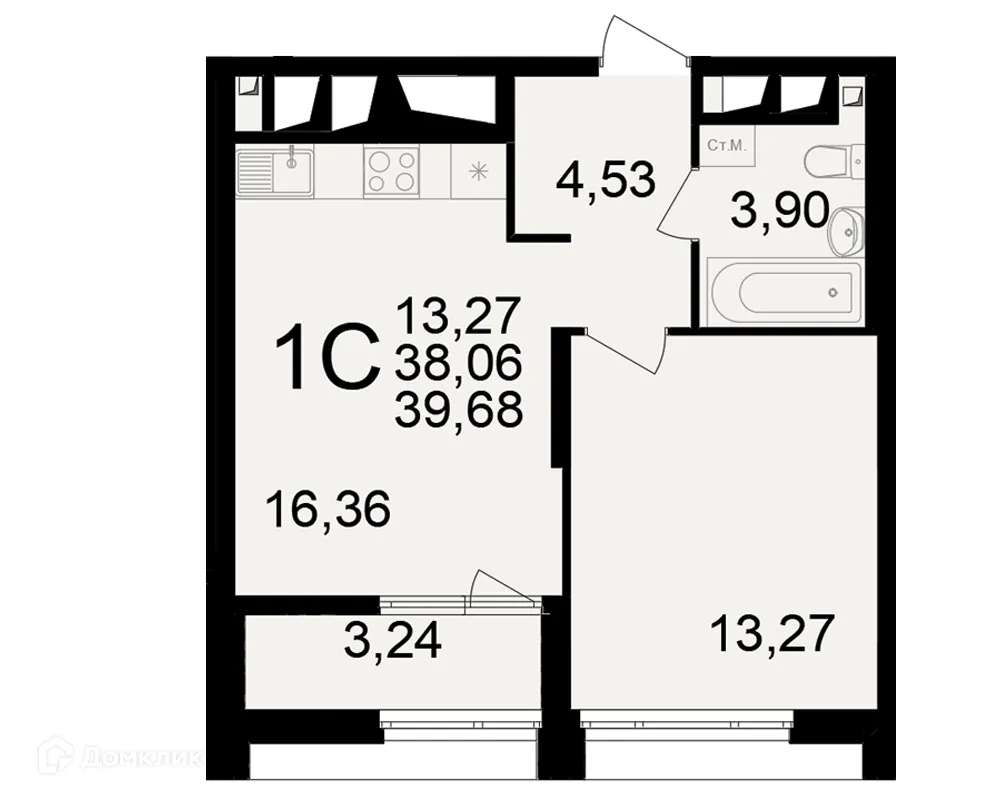 Планировка 1-комнатной квартиры 39.68 м² в ЖК Большая история, г. Рязань — фото 1