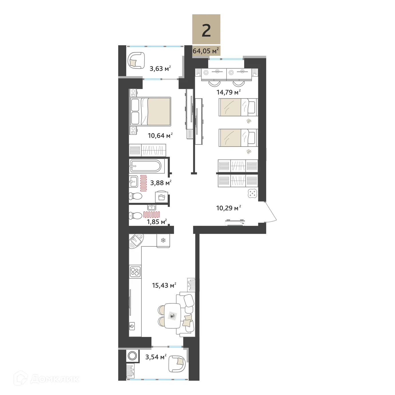 Планировка 2-комнатной квартиры 60.47 м² в ЖК Ривьера 2, г. Рязань — фото 2
