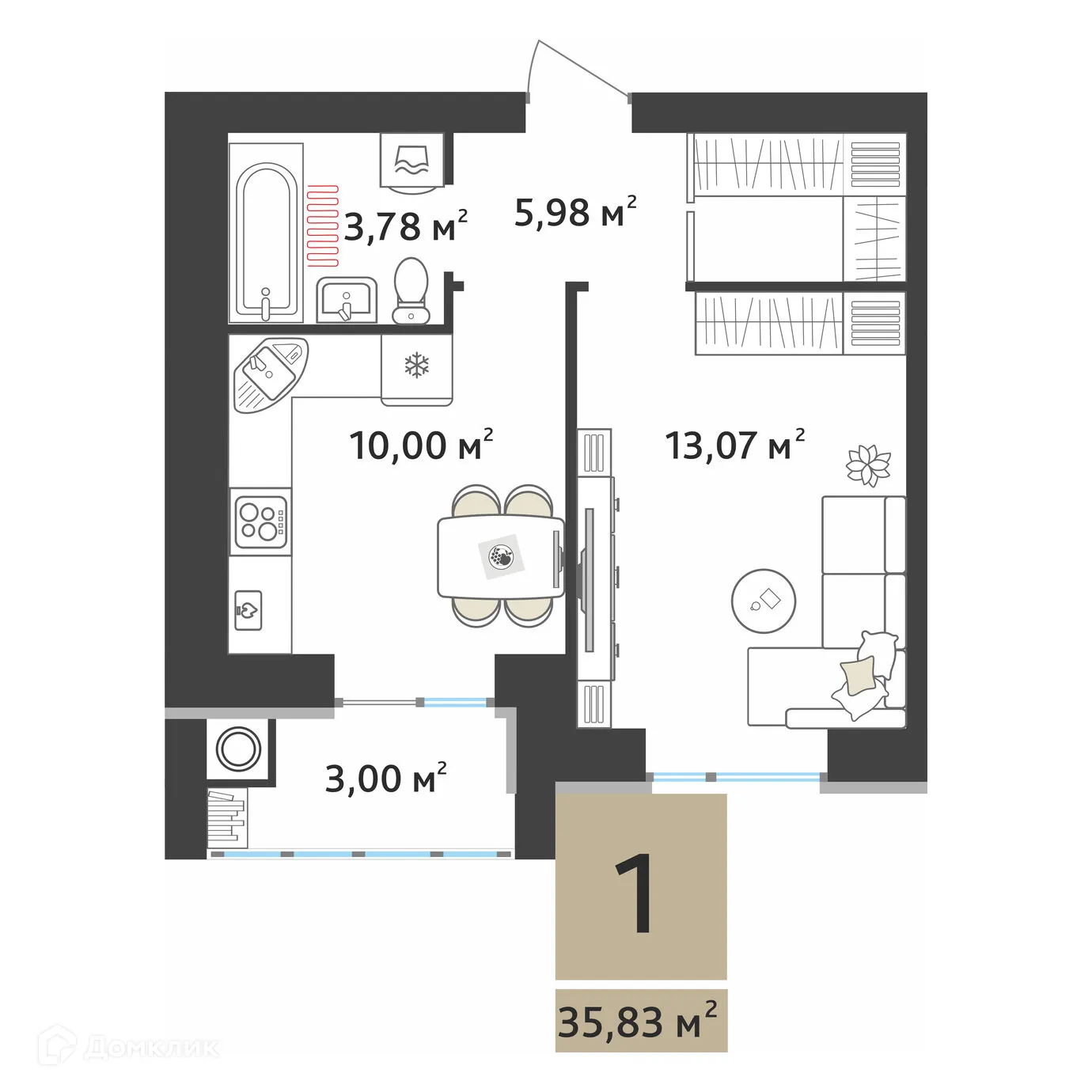 Планировка 1-комнатной квартиры 34.33 м² в ЖК Ривьера 2, г. Рязань — фото 2