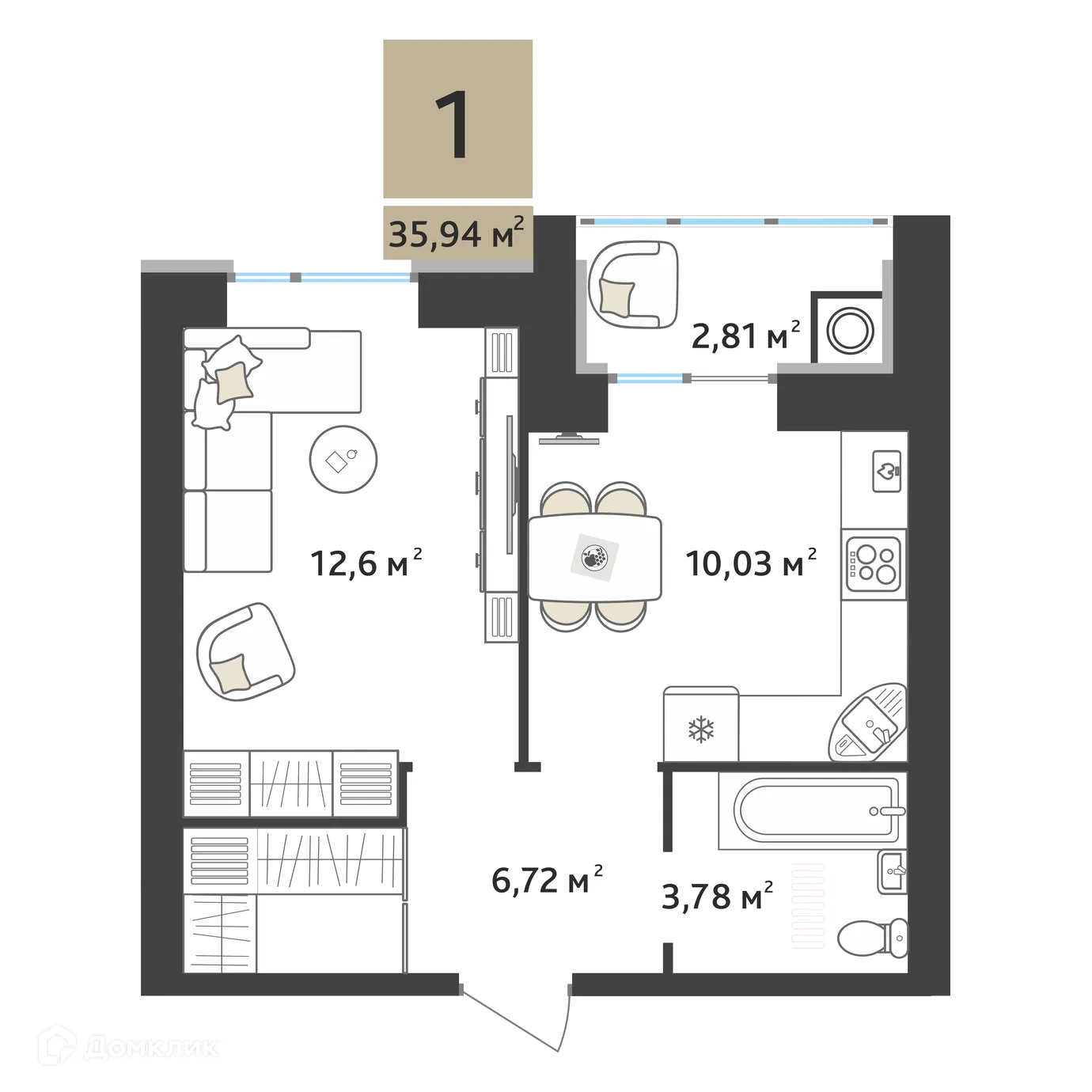 Планировка 1-комнатной квартиры 34.54 м² в ЖК Ривьера 2, г. Рязань — фото 2
