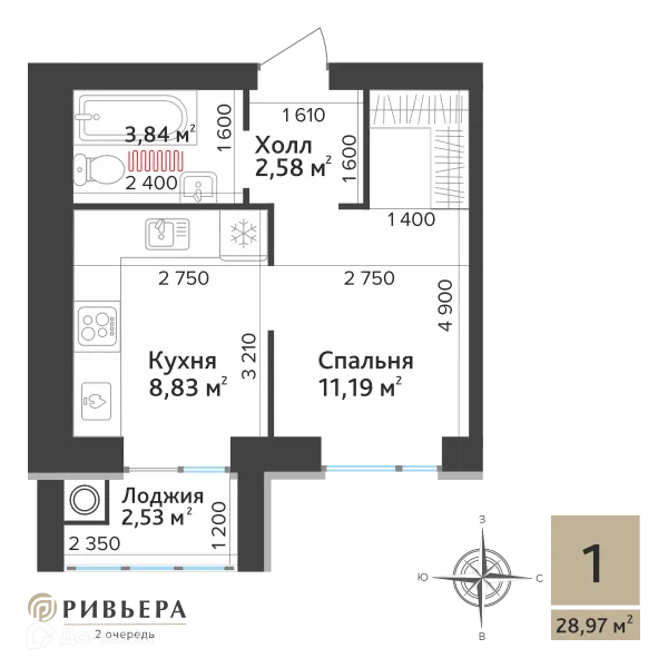 Планировка 1 комн. в ЖК Ривьера 2