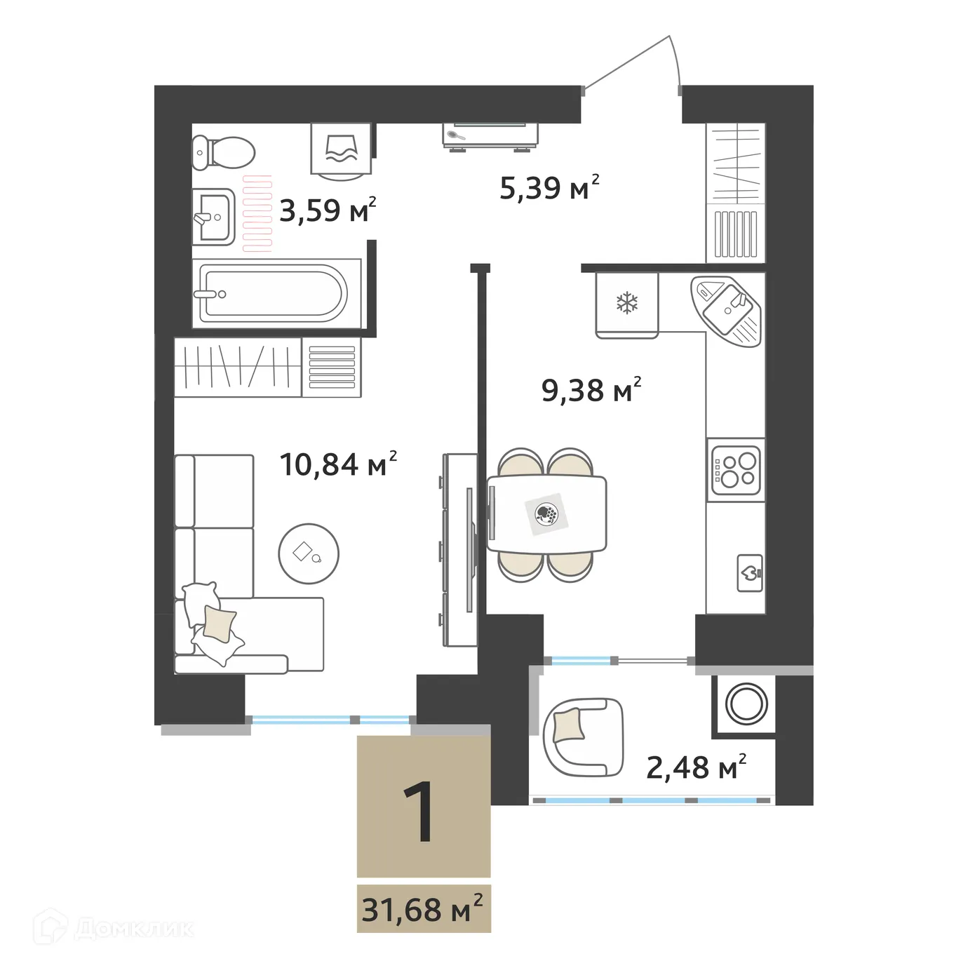 Планировка 1-комнатной квартиры 30.44 м² в ЖК Ривьера 2, г. Рязань — фото 2