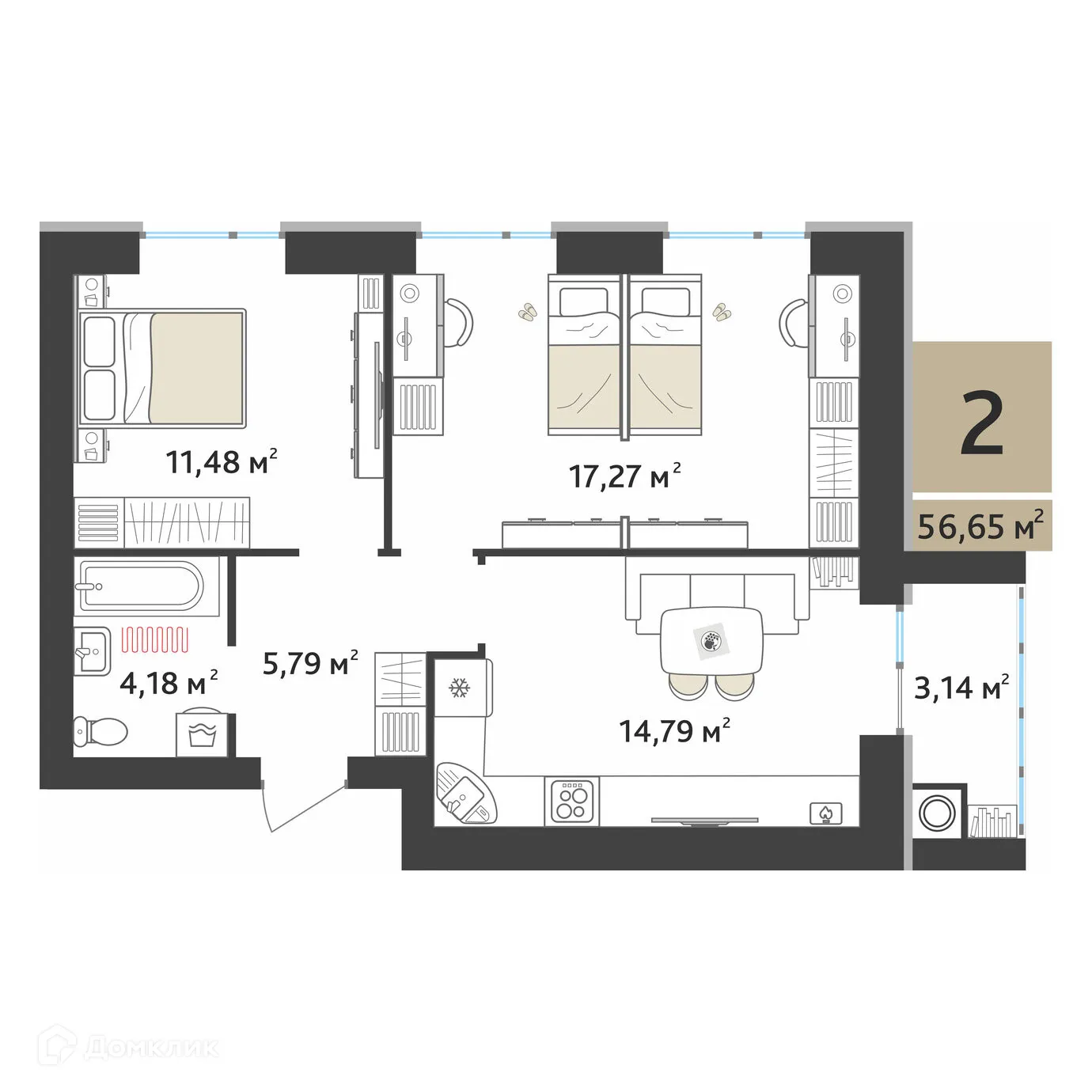 Планировка 2-комнатной квартиры 55.08 м² в ЖК Ривьера 2, г. Рязань — фото 2