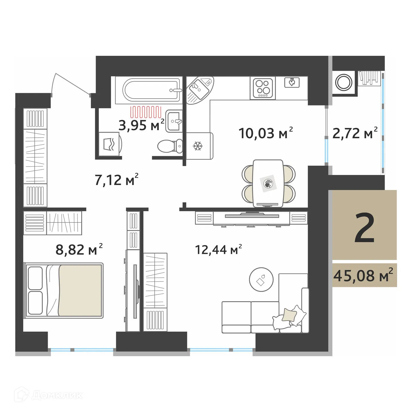 Планировка 2-комнатной квартиры 43.72 м² в ЖК Ривьера 2, г. Рязань — фото 2