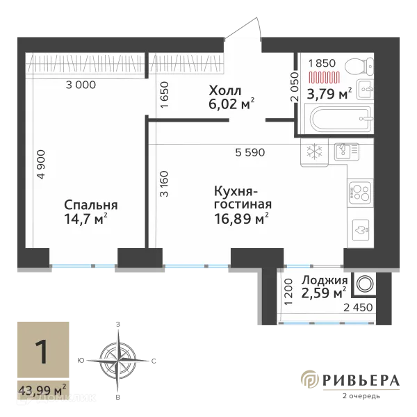 Планировка 1 комн. в ЖК Ривьера 2