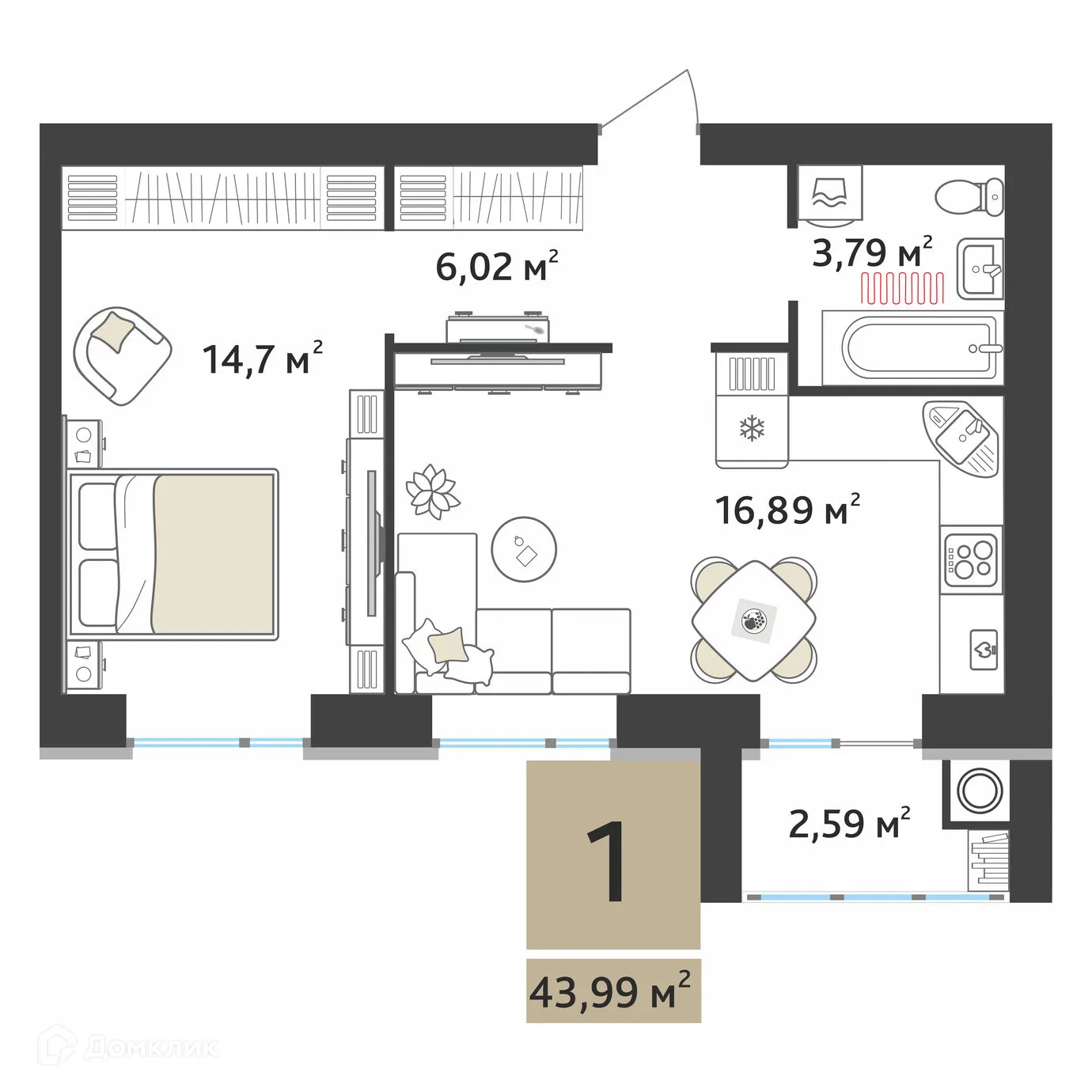 Планировка 1-комнатной квартиры 42.7 м² в ЖК Ривьера 2, г. Рязань — фото 2