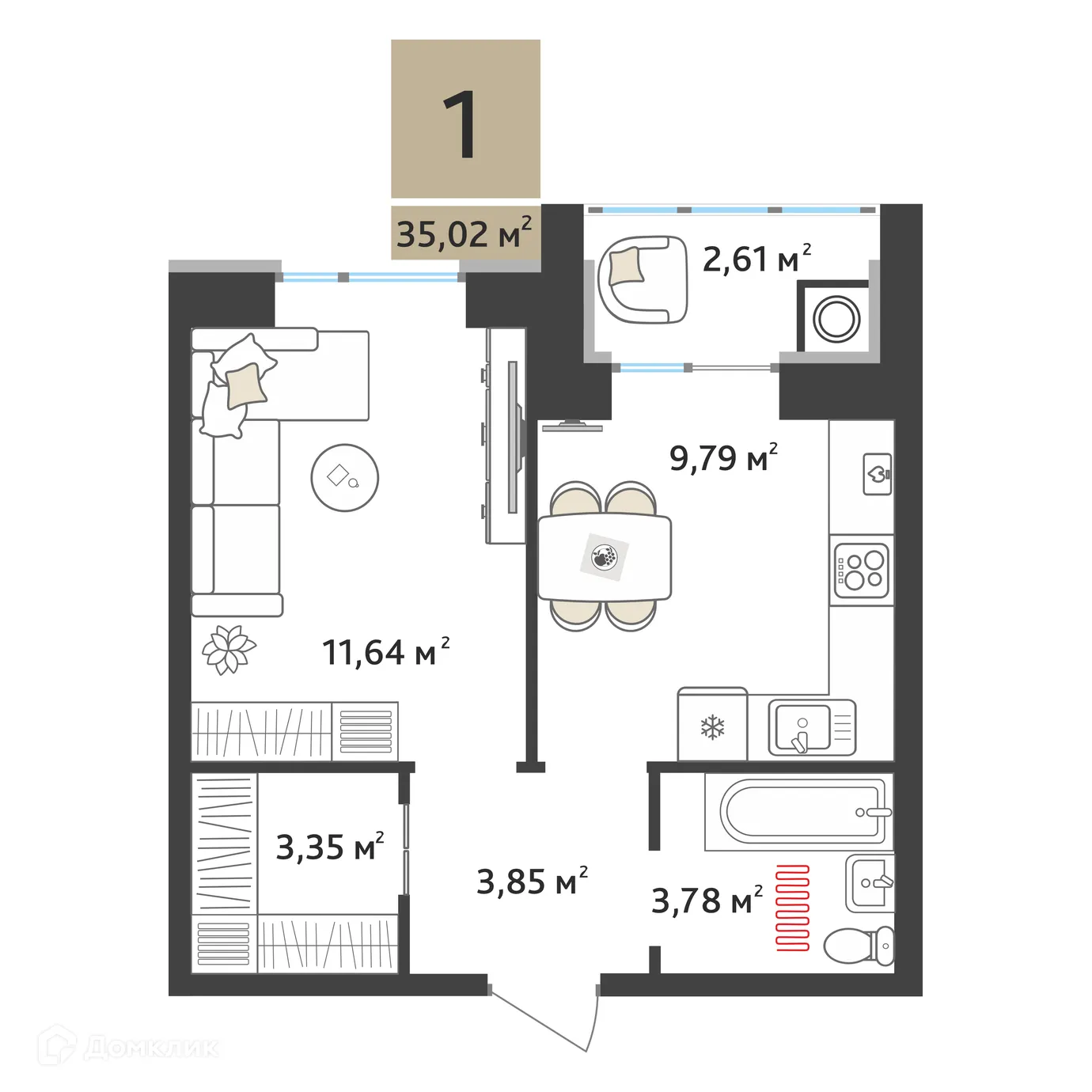 Планировка 1-комнатной квартиры 33.72 м² в ЖК Ривьера 2, г. Рязань — фото 2