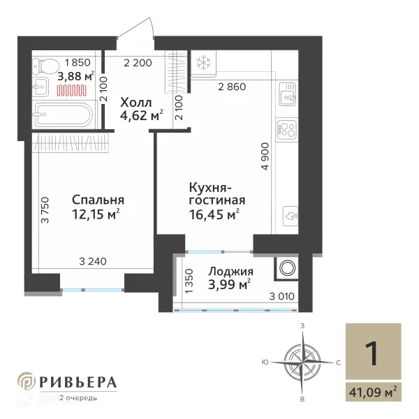 Планировка 1 комн. в ЖК Ривьера 2