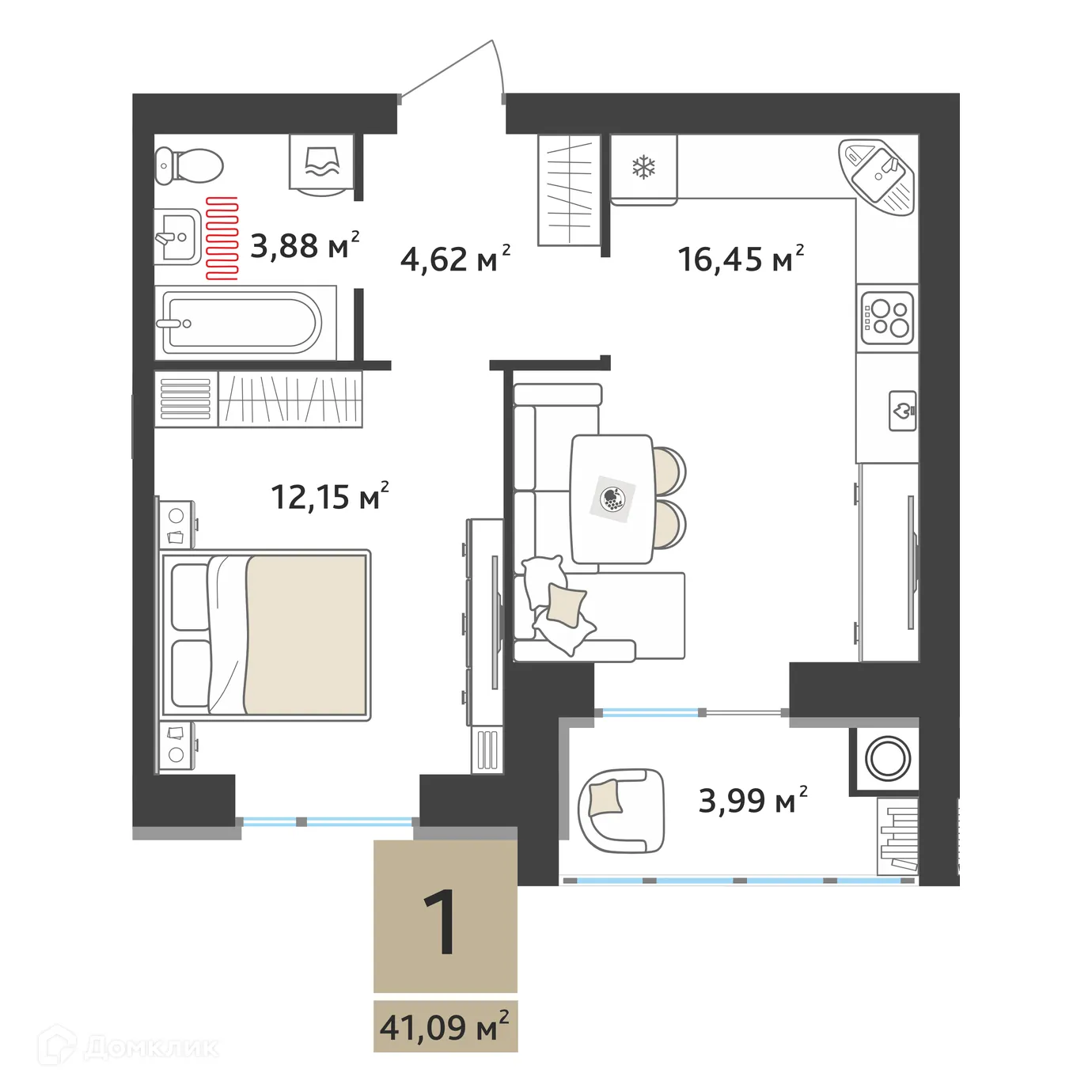 Планировка 1-комнатной квартиры 39.1 м² в ЖК Ривьера 2, г. Рязань — фото 2