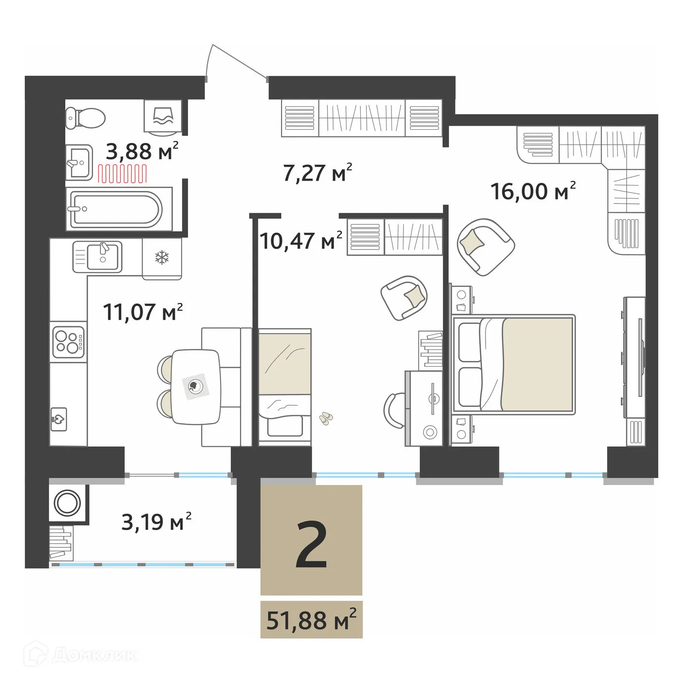 Планировка 2-комнатной квартиры 50.29 м² в ЖК Ривьера 2, г. Рязань — фото 2