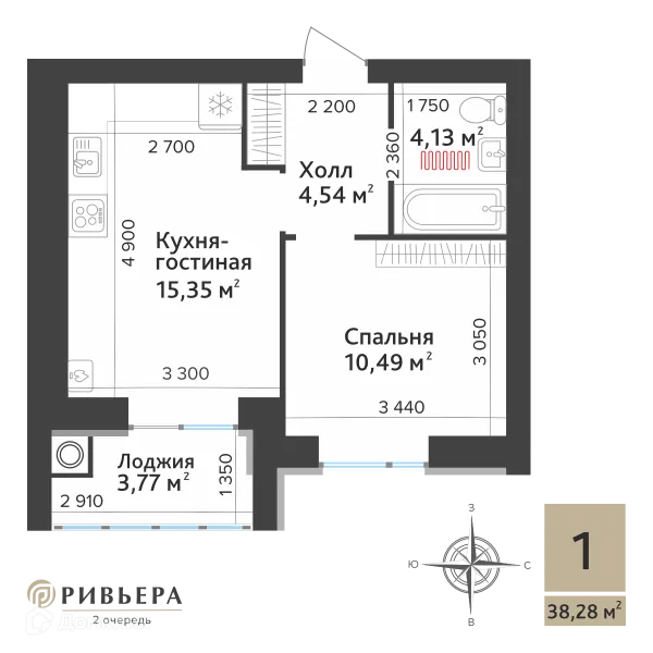 Планировка 1 комн. в ЖК Ривьера 2