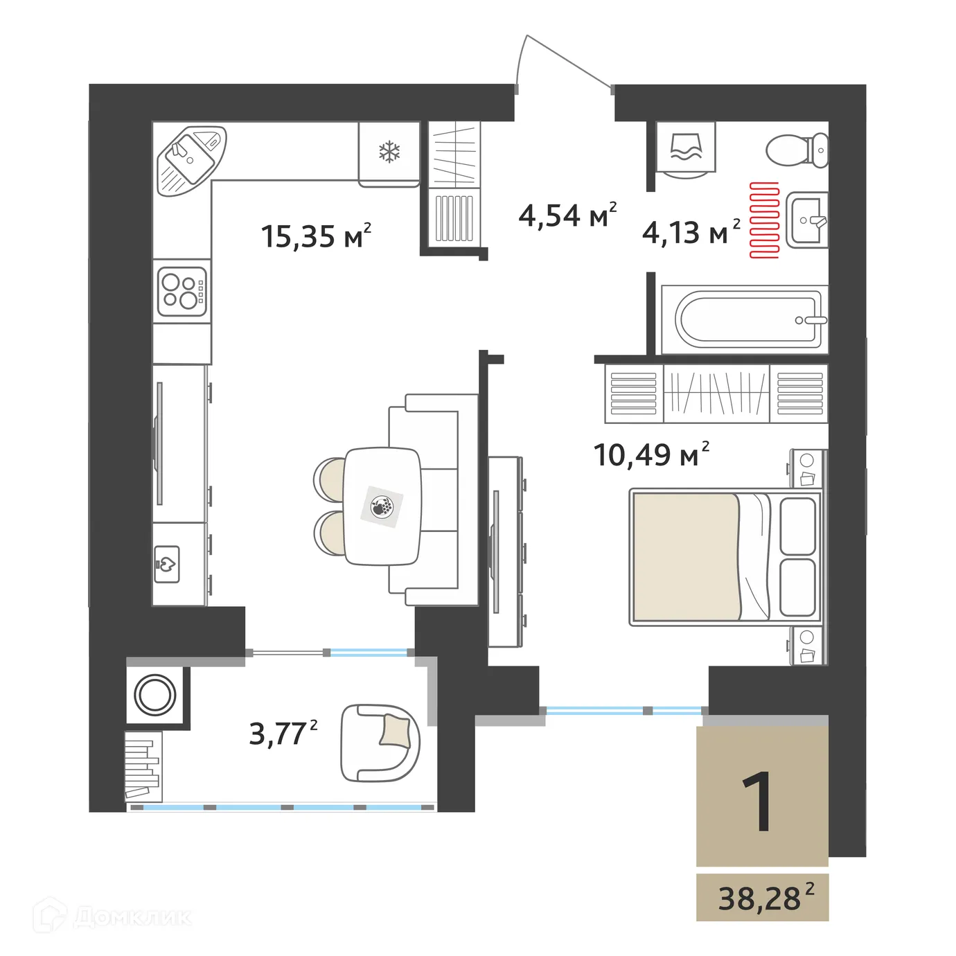 Планировка 1-комнатной квартиры 36.4 м² в ЖК Ривьера 2, г. Рязань — фото 2