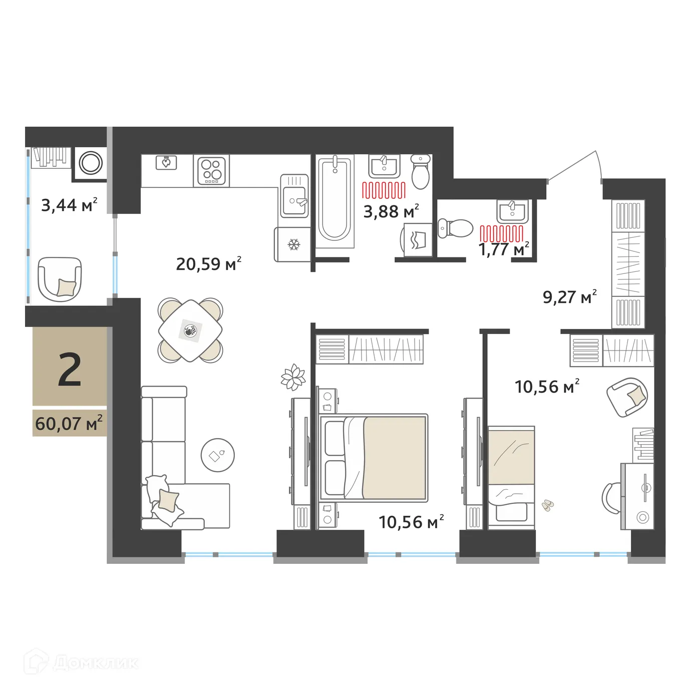 Планировка 2-комнатной квартиры 58.35 м² в ЖК Ривьера 2, г. Рязань — фото 2