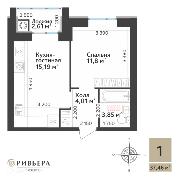 Планировка 1 комн. в ЖК Ривьера 2
