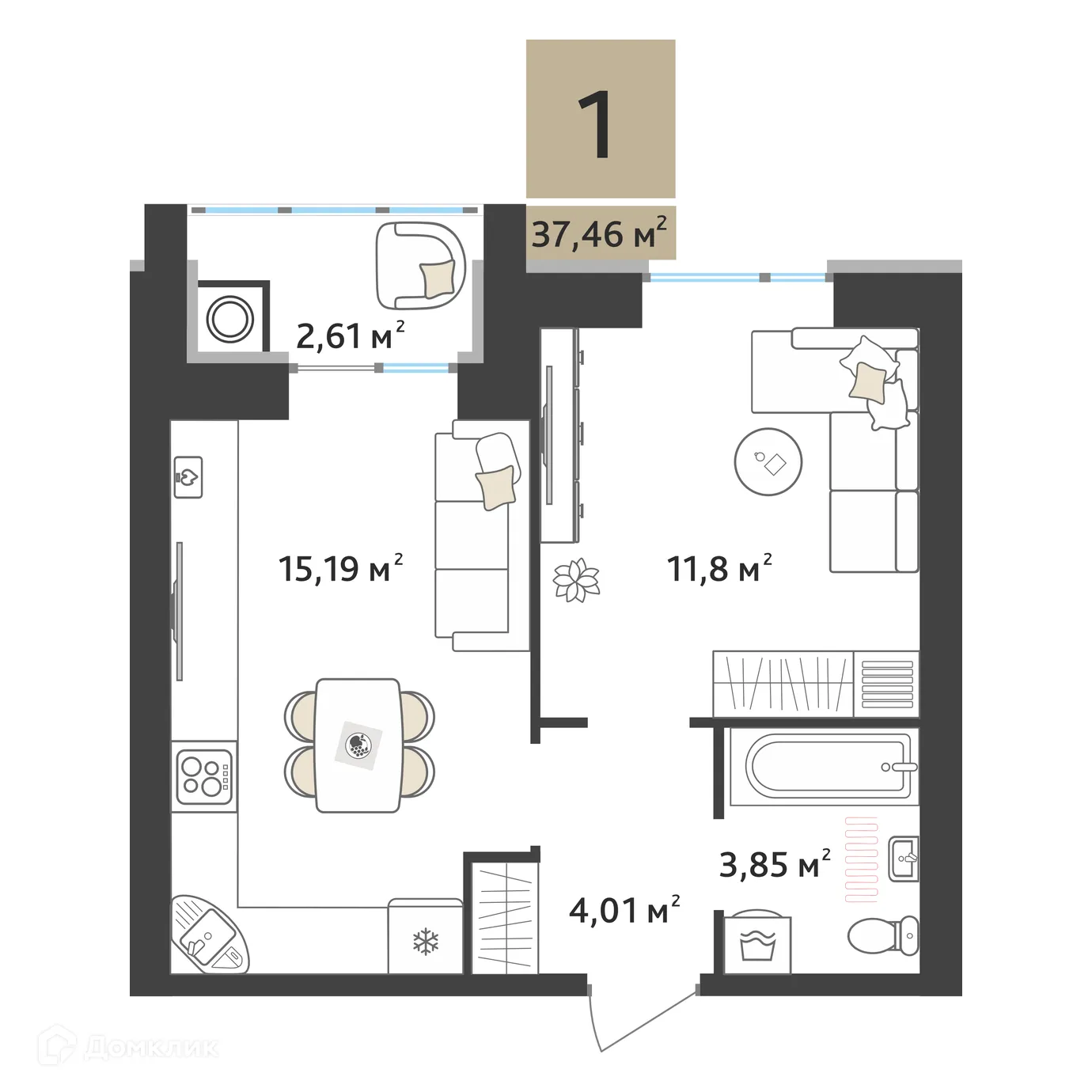 Планировка 1-комнатной квартиры 36.16 м² в ЖК Ривьера 2, г. Рязань — фото 2