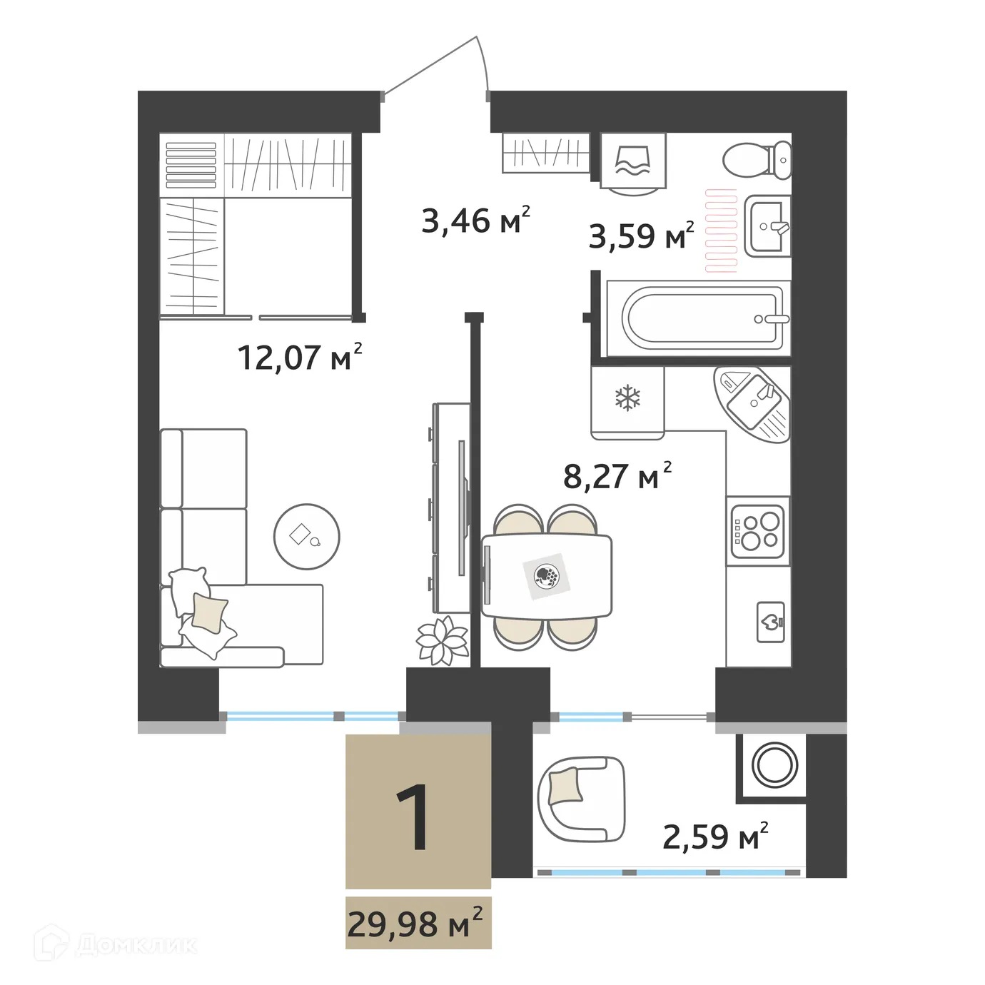 Планировка 1-комнатной квартиры 28.69 м² в ЖК Ривьера 2, г. Рязань — фото 2