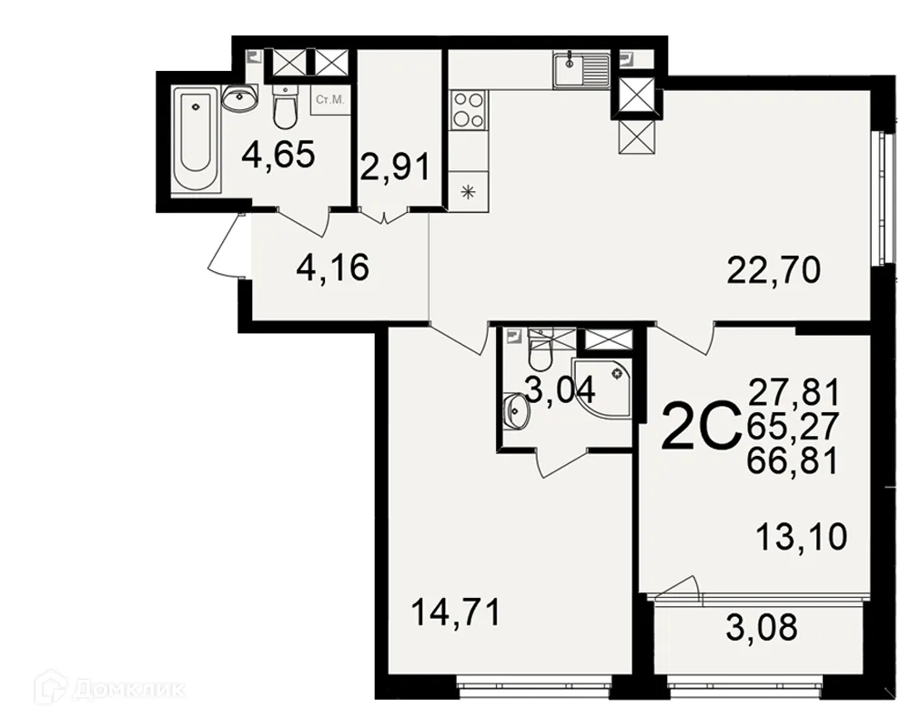 Планировка 2-комнатной квартиры 66.81 м² в ЖК Большая история, г. Рязань — фото 2