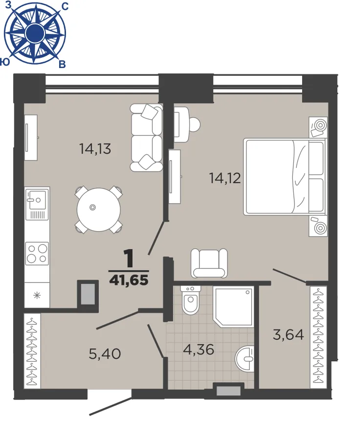 Планировка 1-комнатной квартиры 41.65 м² в ЖК "Северный", г. Рязань — фото 46
