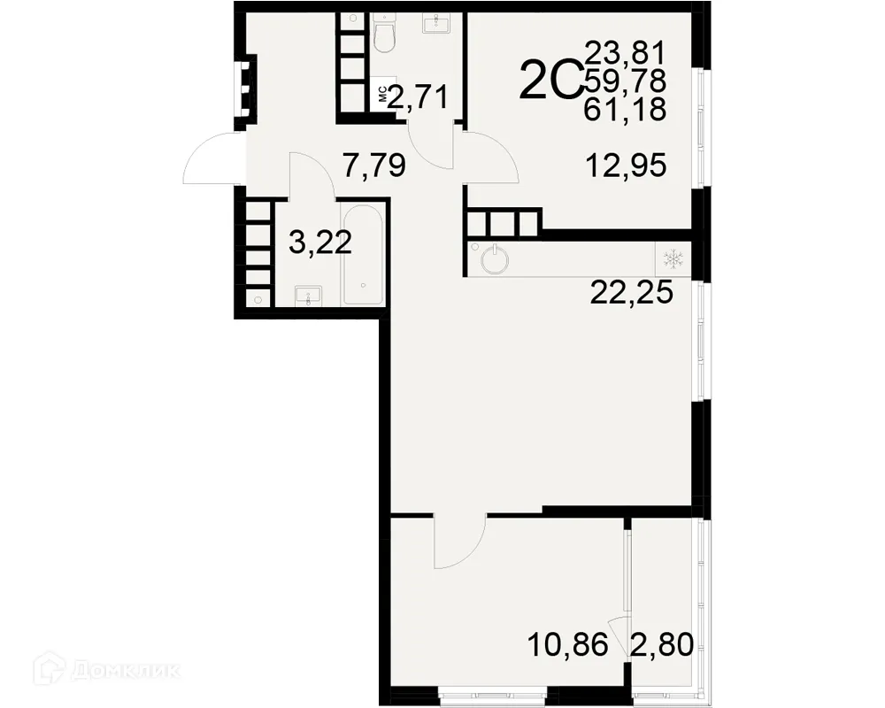 Планировка 2-комнатной квартиры 61.18 м² в ЖК Радости жизни, г. Рязань — фото 1