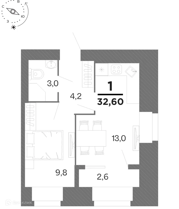 Планировка 1-комнатной квартиры 32.6 м² в ЖК "Бирюзова Парк", г. Рязань — фото 1