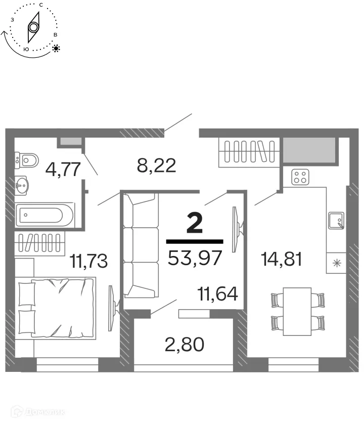 Планировка 2-комнатной квартиры 53.97 м² в ЖК "Бирюзова Парк", г. Рязань — фото 1