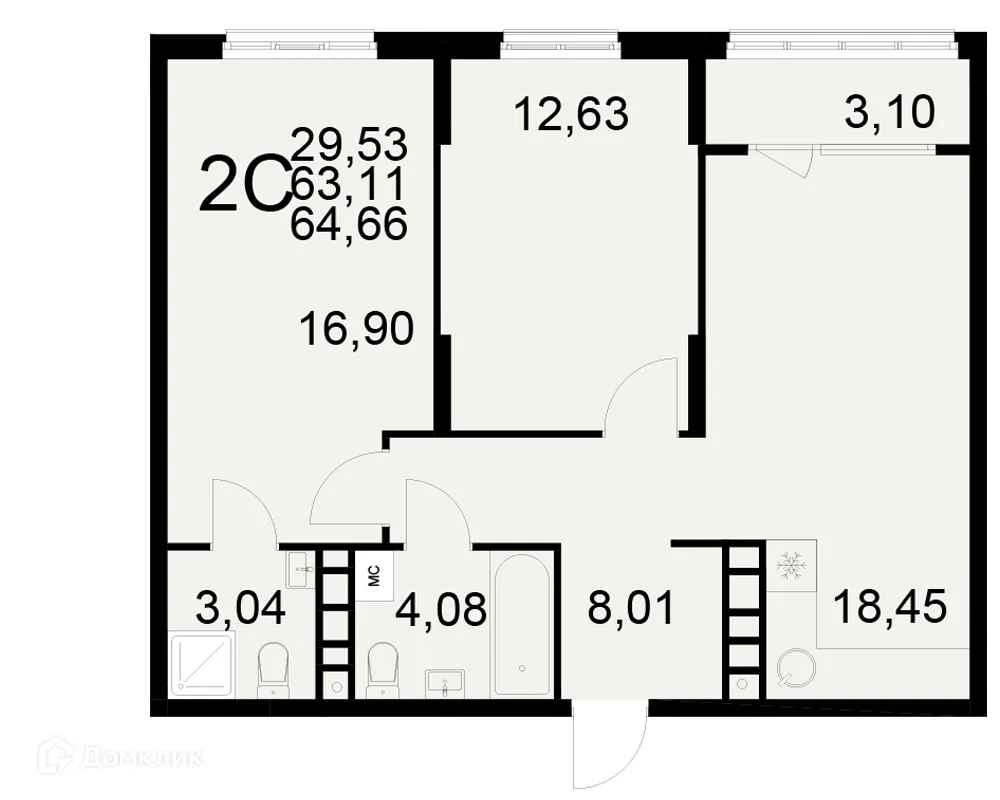 Планировка 2-комнатной квартиры 64.66 м² в ЖК Радости жизни, г. Рязань — фото 1
