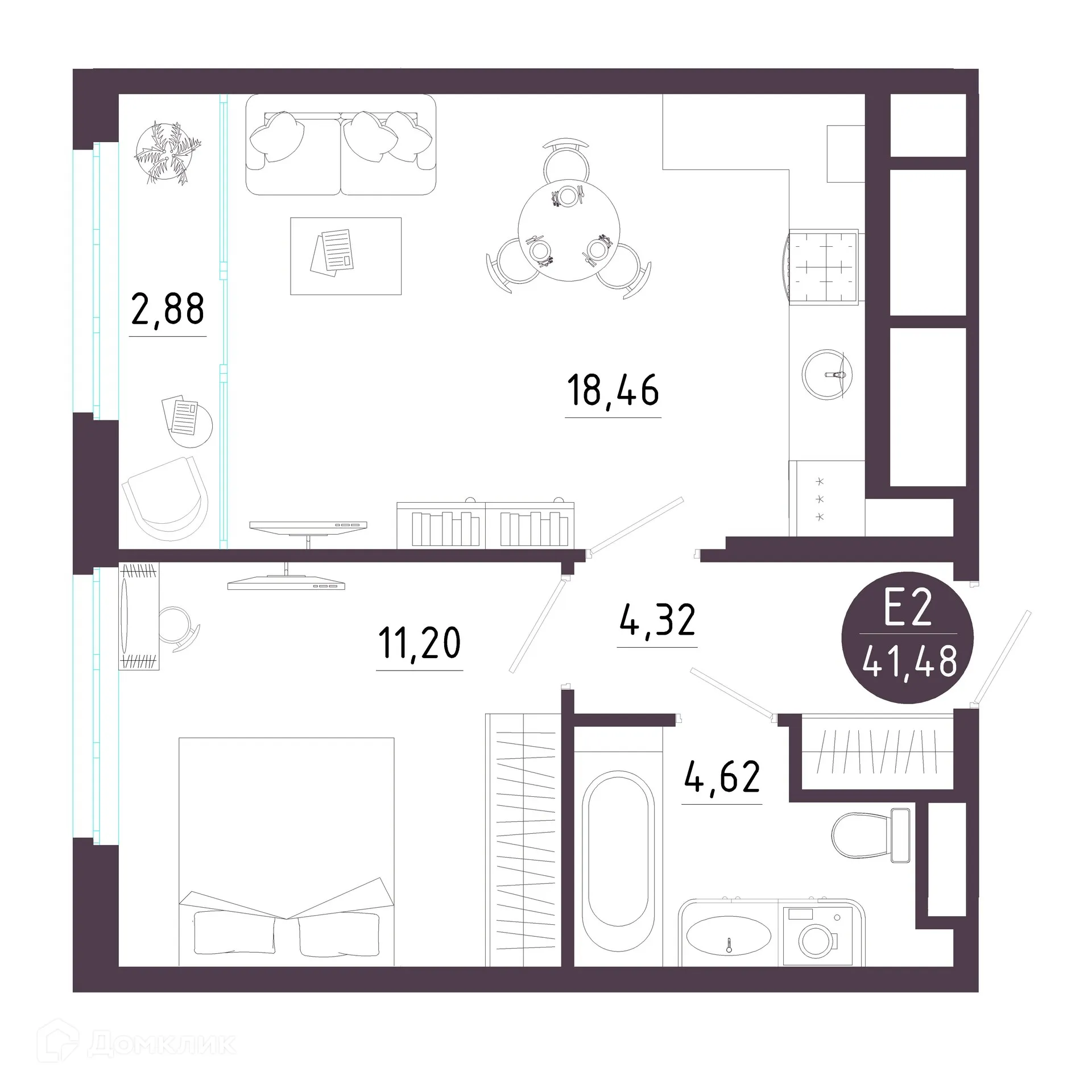 Планировка 1-комнатной квартиры 41.48 м² в ЖК Крылья, г. Рязань — фото 1