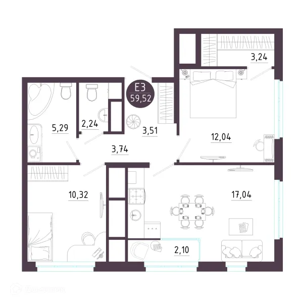 Планировка 2 комн. в ЖК Крылья