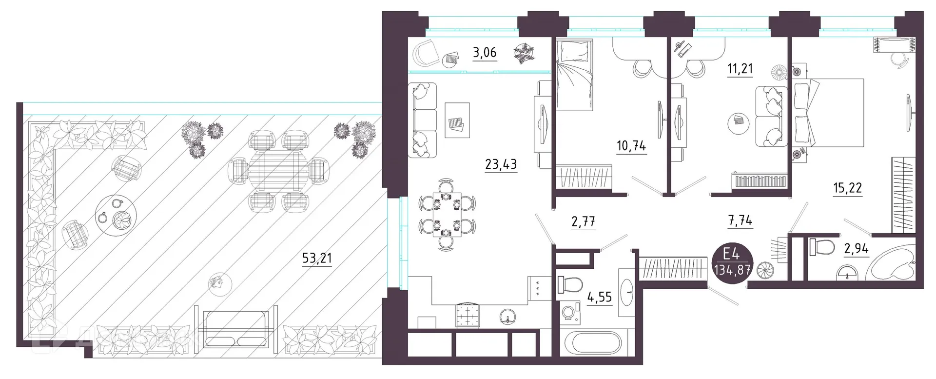 Планировка 3-комнатной квартиры 134.87 м² в ЖК Крылья, г. Рязань — фото 1