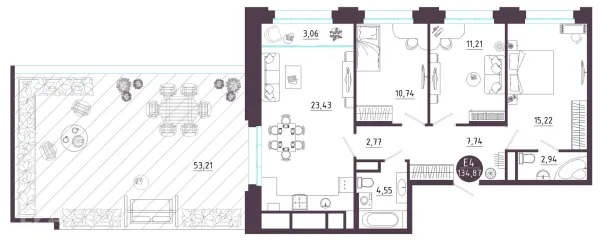 Планировка 3 комн. в ЖК Крылья