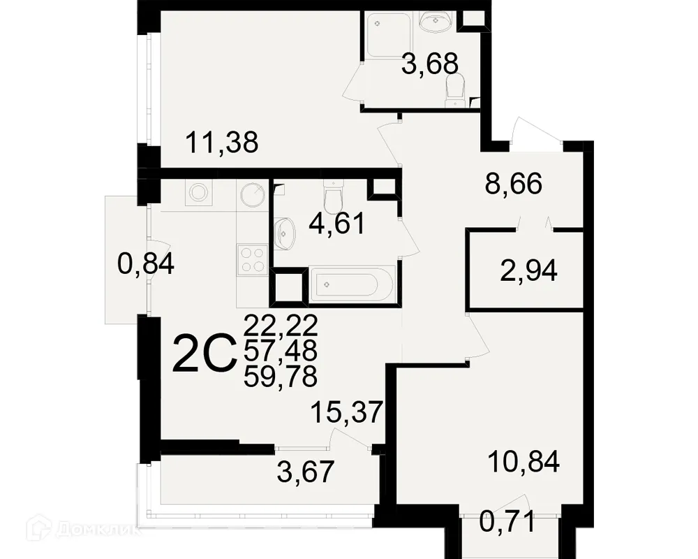 Планировка 2-комнатной квартиры 59.78 м² в ЖК Аура, г. Рязань — фото 1