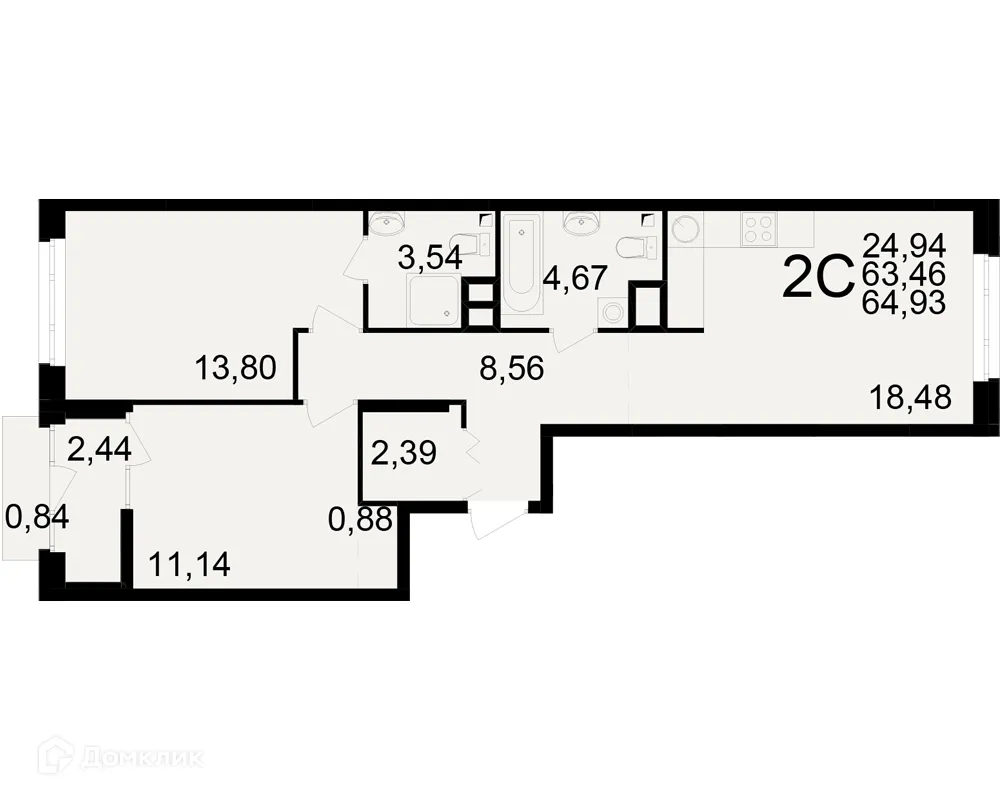 Планировка 2-комнатной квартиры 64.93 м² в ЖК Аура, г. Рязань — фото 1
