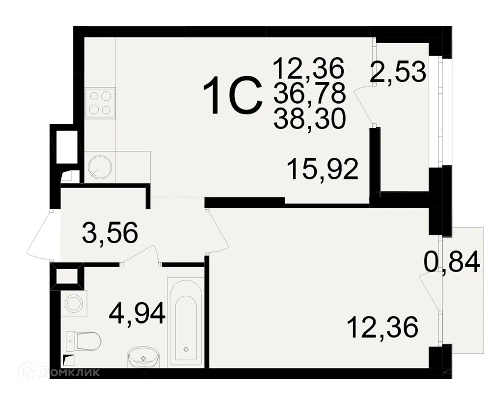 Планировка 1-комнатной квартиры 38.3 м² в ЖК Аура, г. Рязань — фото 1