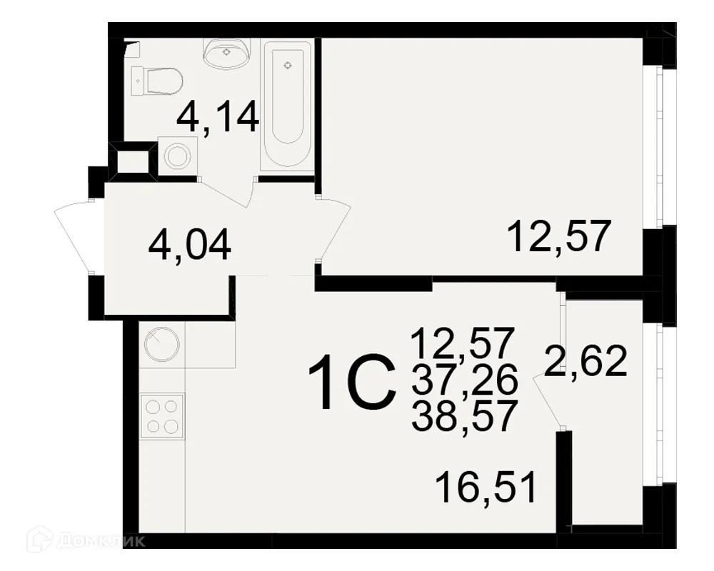 Планировка 1-комнатной квартиры 38.57 м² в ЖК Аура, г. Рязань — фото 1