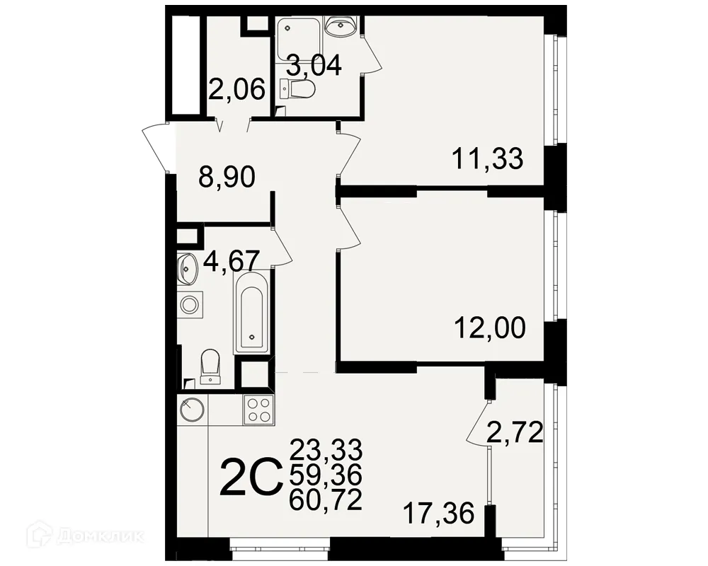 Планировка 2-комнатной квартиры 60.72 м² в ЖК Аура, г. Рязань — фото 1