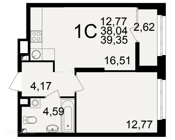 Планировка 1 комн. в ЖК Аура