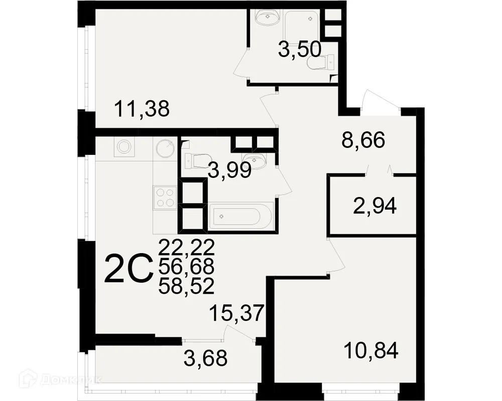 Планировка 2-комнатной квартиры 58.52 м² в ЖК Аура, г. Рязань — фото 1