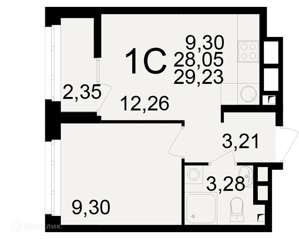 Планировка 1-комнатной квартиры 29.23 м² в ЖК Аура, г. Рязань — фото 1