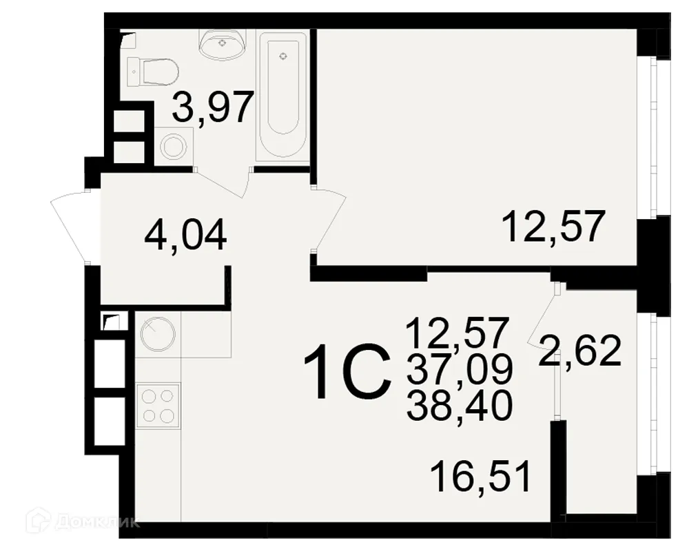 Планировка 1-комнатной квартиры 38.4 м² в ЖК Аура, г. Рязань — фото 1