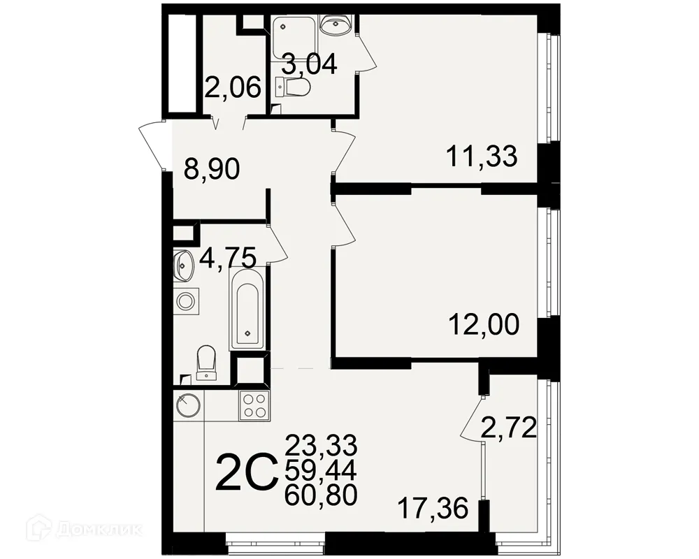 Планировка 2-комнатной квартиры 60.8 м² в ЖК Аура, г. Рязань — фото 1