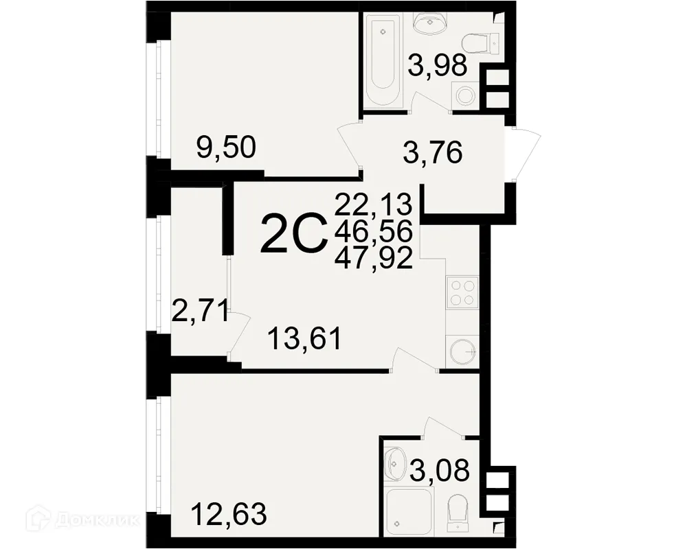 Планировка 2-комнатной квартиры 47.92 м² в ЖК Аура, г. Рязань — фото 1